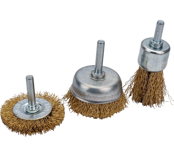 Изображение товара Набор щеток для дрели (плоская 50 мм, чашка 25 мм, 50 мм, латунированная проволока) Калибр 00000041882
