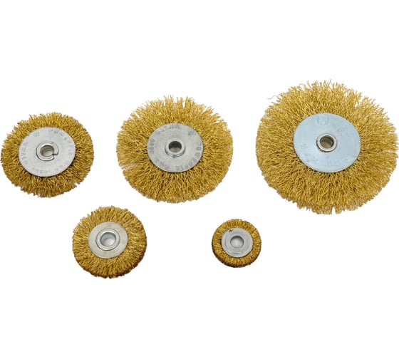 Изображение товара Набор щеток для дрели, плоские (25 мм, 38 мм, 50 мм, 63 мм, 75 мм, 3 шпильки, латунированная проволока) Калибр 00000041877