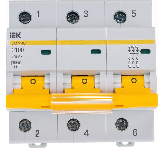 Изображение товара Автоматический модульный выключатель IEK 3п C 100А ВА 47-100 10кА ИЭК MVA40-3-100-C
