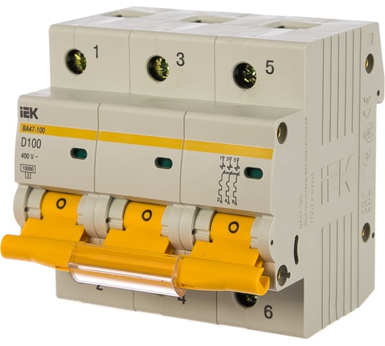 Изображение товара Автоматический модульный выключатель IEK 3п D 100А ВА 47-100 10кА ИЭК MVA40-3-100-D