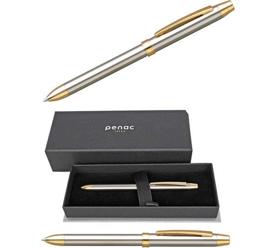 Изображение товара Многофункциональная ручка Penac ele-ss: 2 стержня синего и красного цветов 0,7 мм + механический карандаш 0,5мм нв, ластик, цвет корпуса: серебристо-золотистый, в подарочном футляре TF1602SG-GC10