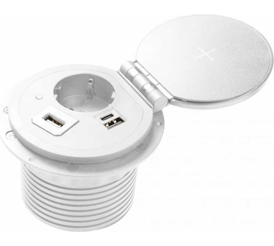 Изображение товара Врезной круглый удлинитель GTV charger plus, 1xschuko, 1xusb-a/5v, 1xtype-c/5v, беспроводная зарядка, сменные переходники, вилка, провод 1,5м, белый AE-BPW1SACP-10