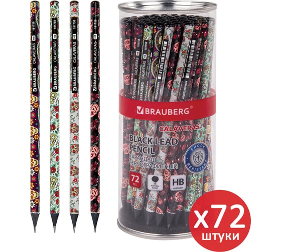 Изображение товара Чернографитный карандаш BRAUBERG hb, calaveras, выгодный комплект 72 штуки, корпус ассорти 880756