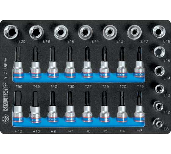 Изображение товара Набор торцевых насадок и головок 1/2"&3/8", TORX, HEX, Е6-Е20, ложемент, 28 предметов KING TONY 9-7128PRV