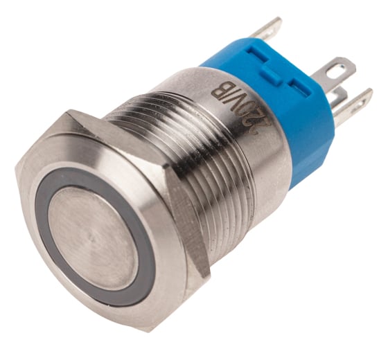 Изображение товара Антивандальная кнопка REXANT d19, 250В, с фиксацией (5с), OFF-ON/ON-OFF, подсветка синяя, 10 шт. 36-3441