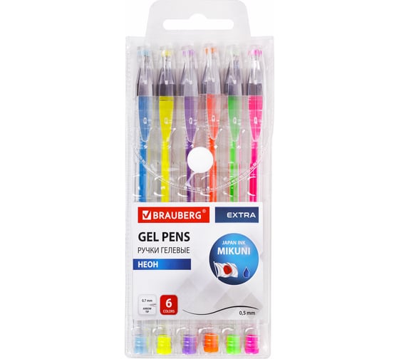 Изображение товара Гелевые ручки BRAUBERG неон extra, набор 6 цветов, узел 0.7 мм, линия 0.35 мм 143911
