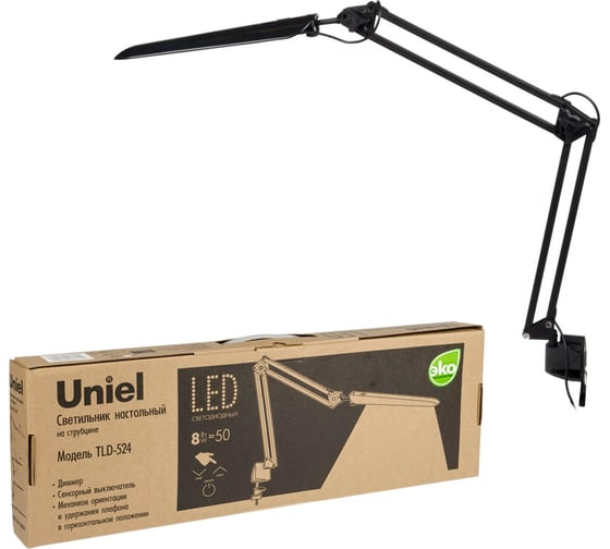 Изображение товара Настольный светильник Uniel на струбцине/LED/500Lm/4500K/Dimmer/TLD-524 Black/8W/ 10608