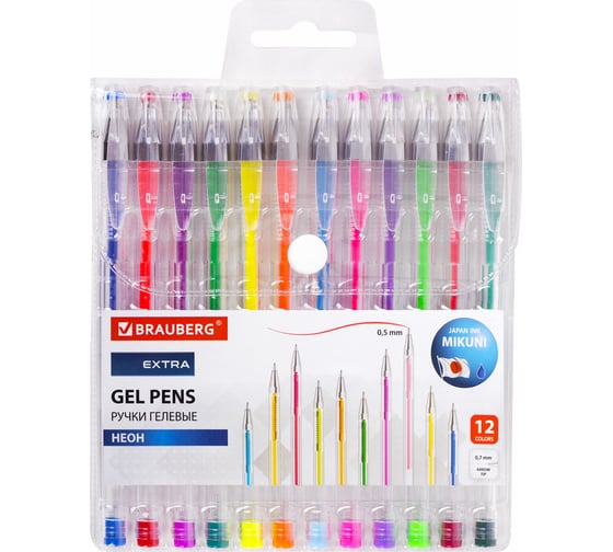 Изображение товара Гелевые ручки BRAUBERG неон extra, набор 12 цветов, узел 0.7 мм, линия 0.35 мм 143912