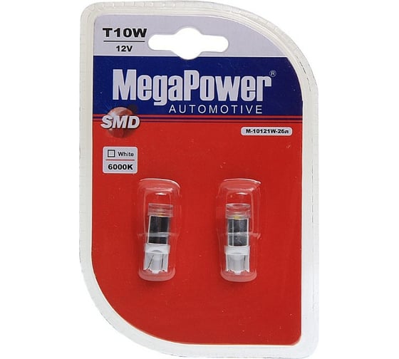 Изображение товара Автолампа T10W W2,1x9,5d 1 SMD CREE WHITE Megapower M-10121W-2бл 432062