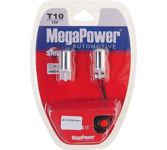 Изображение товара Автолампа T10W W2,1x9,5d 1 SMD 5050 WHITE Megapower M-10101W-2блт 998558