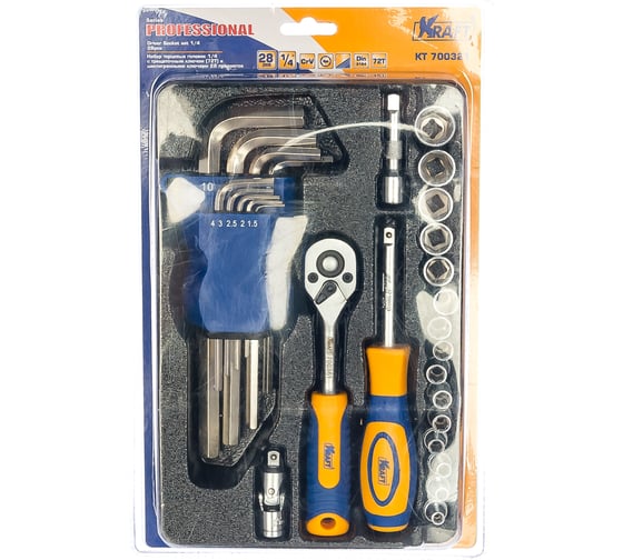Изображение товара Набор торцевых головок и принадлежностей 1/4 Dr 28 предметов с имбусными ключами KRAFT KT 700321