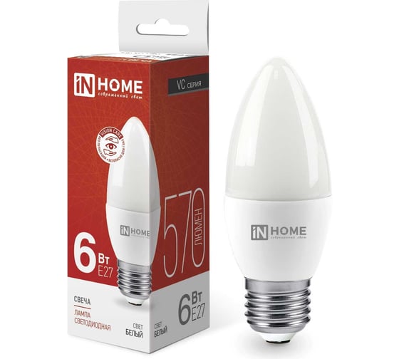 Изображение товара Светодиодная лампа IN HOME LED-СВЕЧА-VC 6Вт 230В Е27 4000К 570Лм 4690612020419