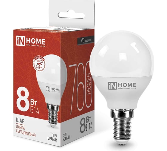 Изображение товара Светодиодная лампа IN HOME LED-ШАР-VC 8Вт 230В Е14 4000К 760Лм 4690612020556