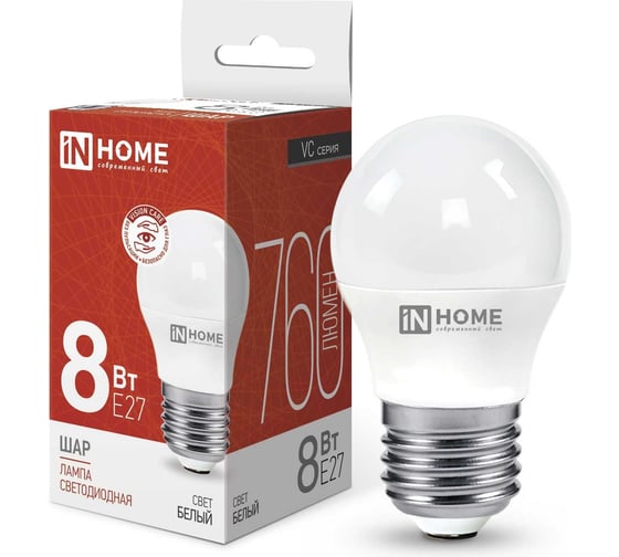 Изображение товара Светодиодная лампа IN HOME LED-ШАР-VC 8Вт 230В Е27 4000К 760Лм 4690612020570