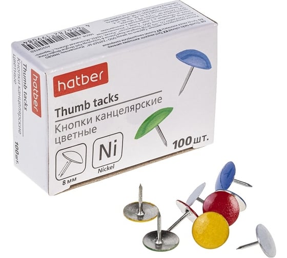 Изображение товара Цветные канцелярские кнопки-гвоздики Hatber 100 шт. 12шт. в упаковке 040763