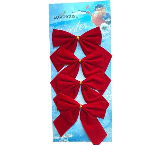 Изображение товара Набор новогодних украшений EUROHOUSE бантики 4 шт., размер: 9см, цвет: красный, состав: текстиль нетканный, упаковка: картонный блистер15867