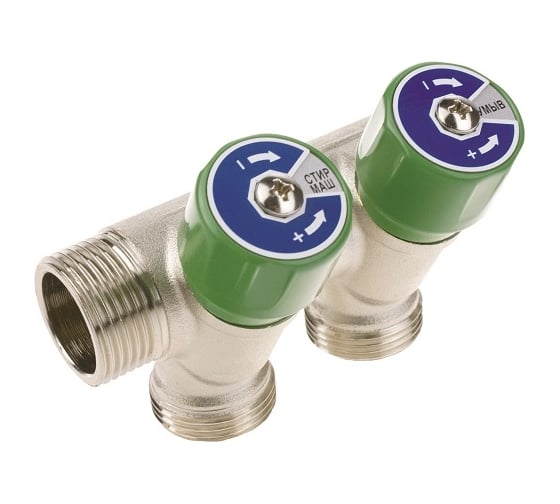 Изображение товара Коллектор ELSEN модульный, 3/4, 2 контура, размер отвода-1/2 НР ПУ, вентили под 90, TIN латунь EMW03.02T