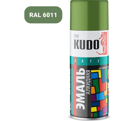 Изображение товара Аэрозольная краска в баллончике KUDO высокопрочная алкидная универсальная глянцевая RAL 6011 фисташковая KU-1008