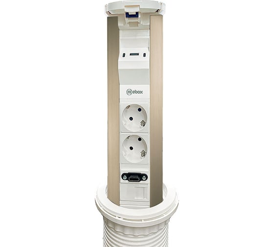 Изображение товара Выдвижная встраиваемая розетка Mebax 12J 2 секции Серебро+Белый Автоматический d=100мм USB type A+C + RJ45 + HDMI беспроводн 00-00002598