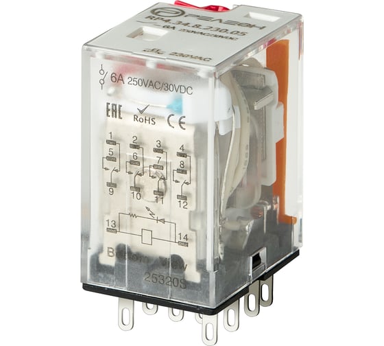 Изображение товара Промежуточное реле РЕЛЕОН 4 CO, конт. 6А; 36В AC, блокируемая кнопка проверки + LED RP434803605