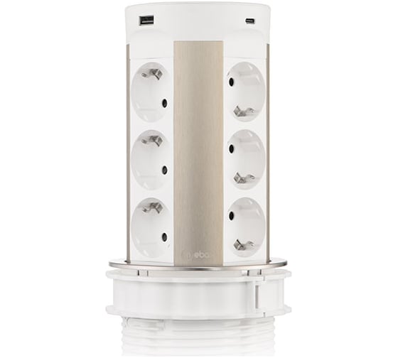 Изображение товара Выдвижная встраиваемая розетка Mebax 17 12 секции Серебро+Белый d=100мм USB type A+C беспроводная зарядка 00-00002600