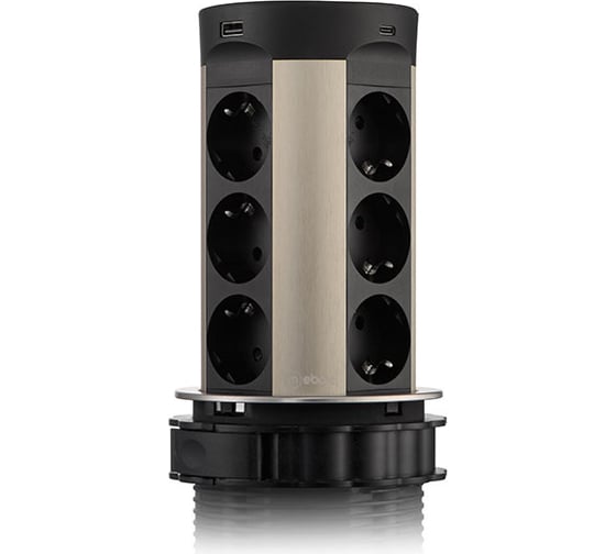 Изображение товара Выдвижная встраиваемая розетка Mebax 17 12 секции Серебро+Черный d=100мм USB type A+C беспроводная зарядка 00-00002599