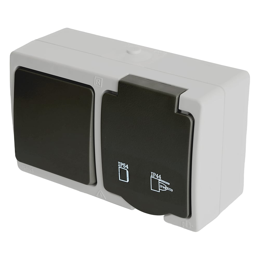 Изображение товара Блок STEKKER розетка с выключателем, IP54, 16А, 250В, серый, накладной монтаж