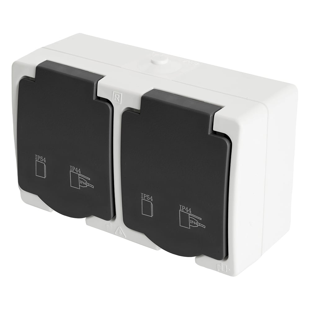 Изображение товара Двухместная розетка STEKKER с заземляющим контактом 250В 16А IP54 серый