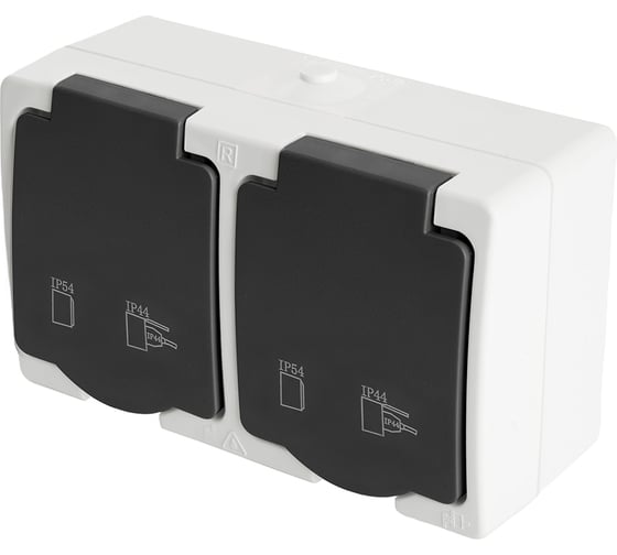 Изображение товара Двухместная розетка STEKKER с заземляющим контактом открытой установки, 250В, 16А, серый/графит 32754