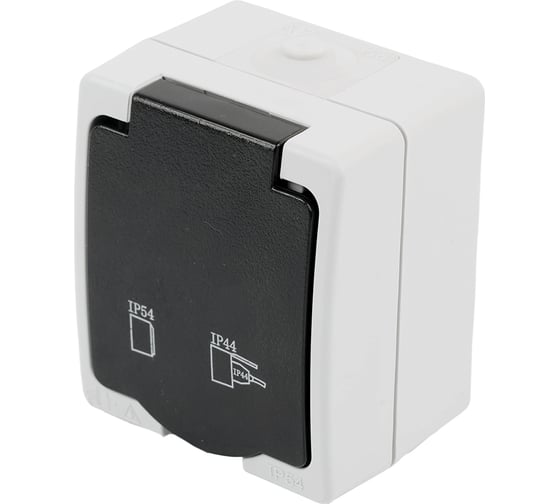 Изображение товара Одноместная розетка STEKKER с заземляющим контактом открытой установки 250В 16А серый/графит 32755