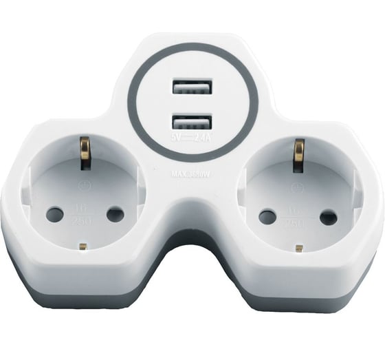 Изображение товара Cетевой разветвитель STEKKER два выхода с заземляющим контактом, 250V 16A и двумя USB выходами 32872