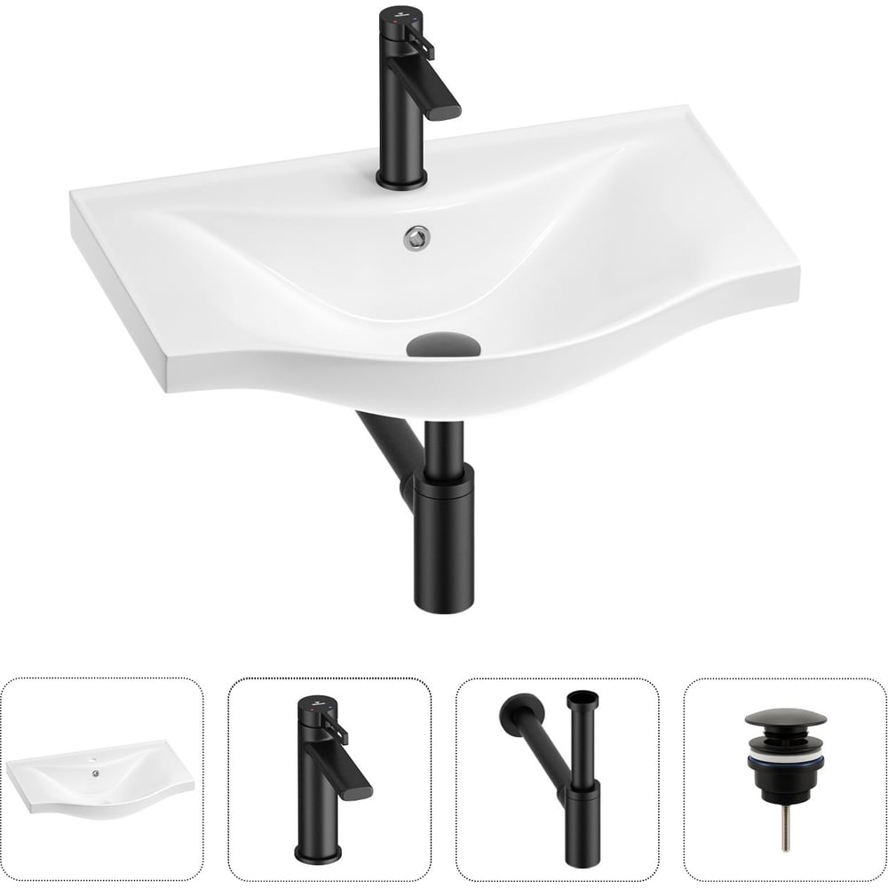 Изображение товара Раковина для ванной набор 4 в 1 Wellsee Bisou белая с сифоном и смесителем