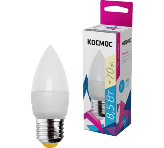 Изображение товара Светодиодная лампа КОСМОС LED 8.5Вт Свеча 220В E27 3000К LkecLED8.5wCNE2730
