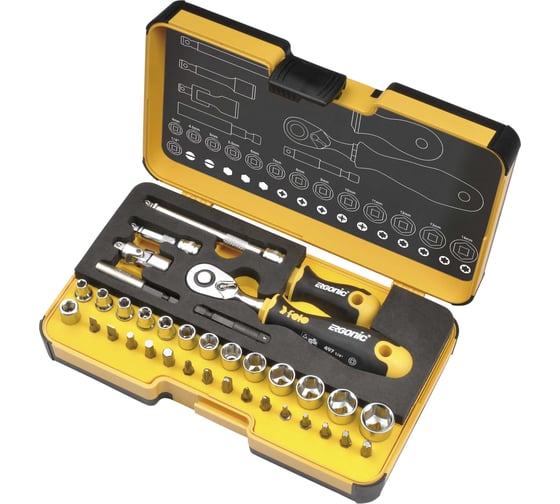Изображение товара Набор бит Felo ERGONIC SL/ND/PH/Tx/SQ/BH/MS с трещоткой и рукояткой в кейсе, 36 шт 05783656