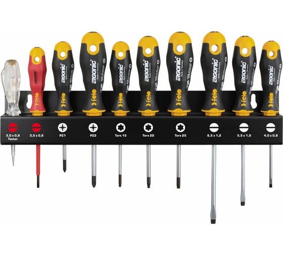 Изображение товара Набор отверток Felo Ergonic SL/PZ/Tx, отвертка VDE и отвертка тестер-сети на стальной стойке, 10 шт 40091043