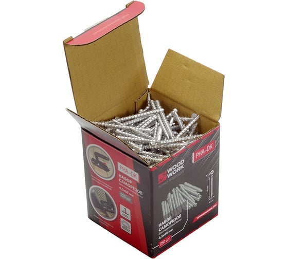 Изображение товара Шурупы WOODWORK по дереву 4,5x60 мм (набор 250 штук) стальные с антикорозионным покрытием PHA-DK