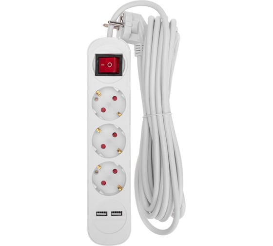 Изображение товара Удлинитель REXANT STANDARD 3 гнезда, 3х1,0мм2, с/з, с выключателем, 2 USB, 5 м, белый 13-4017