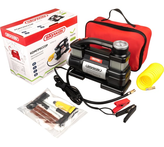 Изображение товара Металлический компрессор 65л/мин 2х поршневой с крокодилами SKYWAY ТИТАН-07 с фонарём, в сумке S02001020