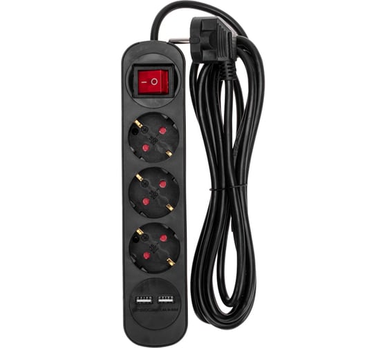 Изображение товара Удлинитель REXANT STANDARD 3 гнезда, 3х1,0мм2, с/з, с выключателем, 2 USB, 3 м, черный 13-4022