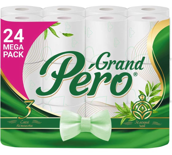 Изображение товара Туалетная бумага зеленый чай GrandPero 3сл 24рул х 4, белый цв. с прокрасом 1916 267870