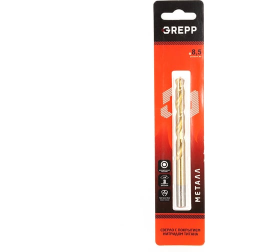 Изображение товара Сверло по металлу ТИТАН 8.5 мм, сталь НSS4241/HSS-TiN, угол заточки 118 Grepp 202-0851