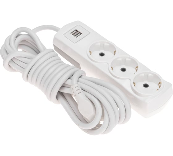 Изображение товара Удлинитель REXANT PREMIUM 3 гнезда, 3x1,5мм2, с/з, 2 USB, 5 м, белый 13-4111