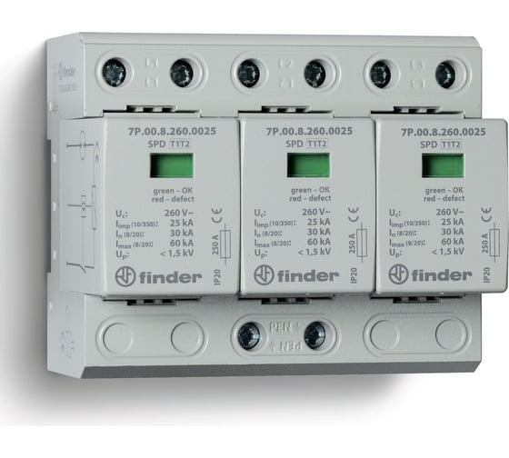 Изображение товара Устройство защиты от импульсных напряжений (УЗИП) FINDER тип 1+2, для трехфазных цепей без нейтрали; шина pe-n; варисторная защита, 7P0382601025