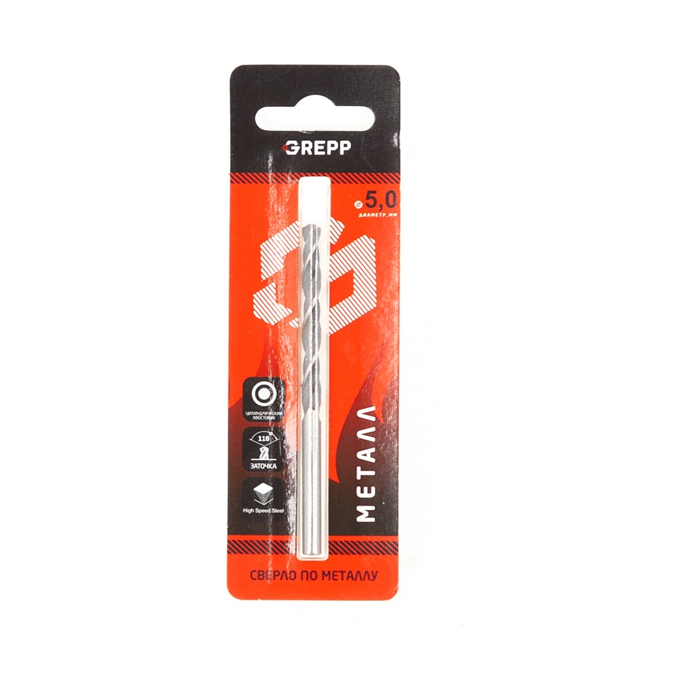 Изображение товара Сверло по металлу закаленное 5 мм, сталь НSS4241/HSS-R, угол заточки 118 Grepp 201-0501