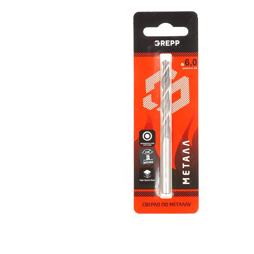 Изображение товара Сверло по металлу закаленное 6 мм, сталь НSS4241/HSS-R, угол заточки 118 Grepp 201-0601