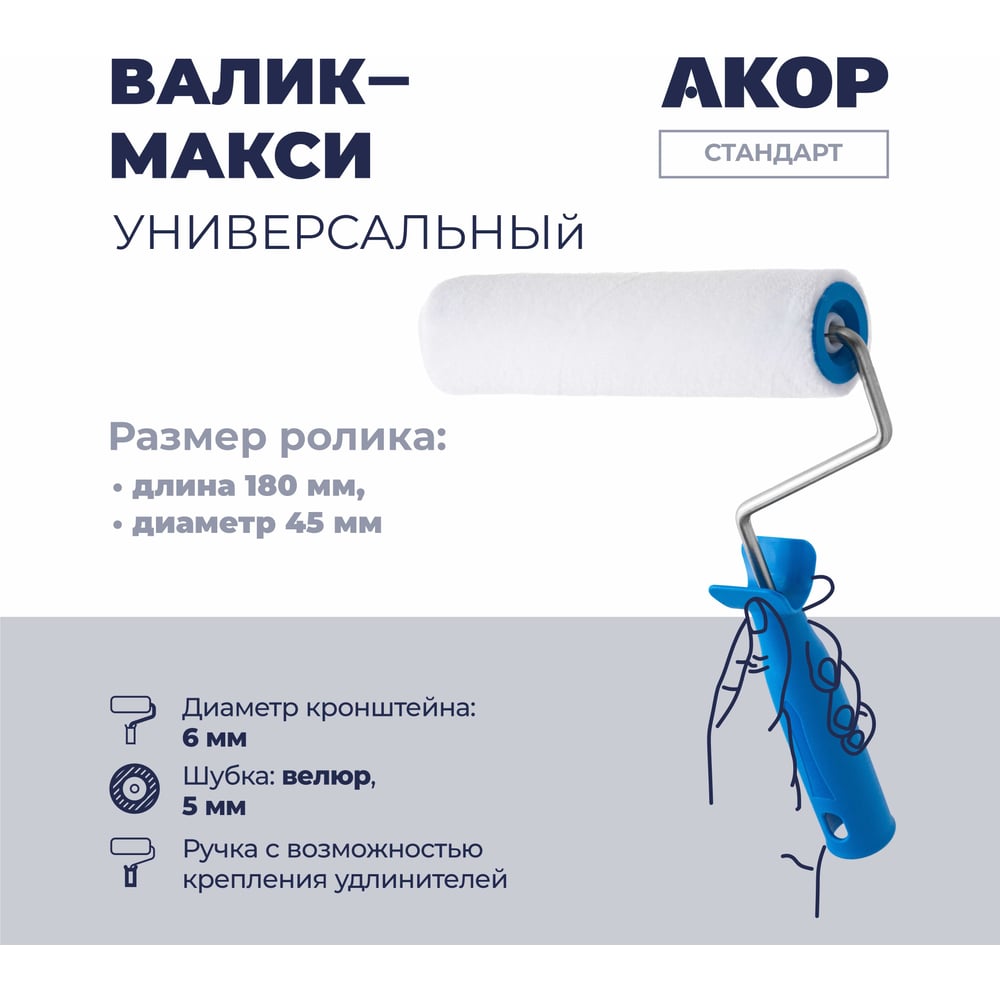 Изображение товара Малярный валик Евро Велюр полиэстер 6 мм 180 мм Акор