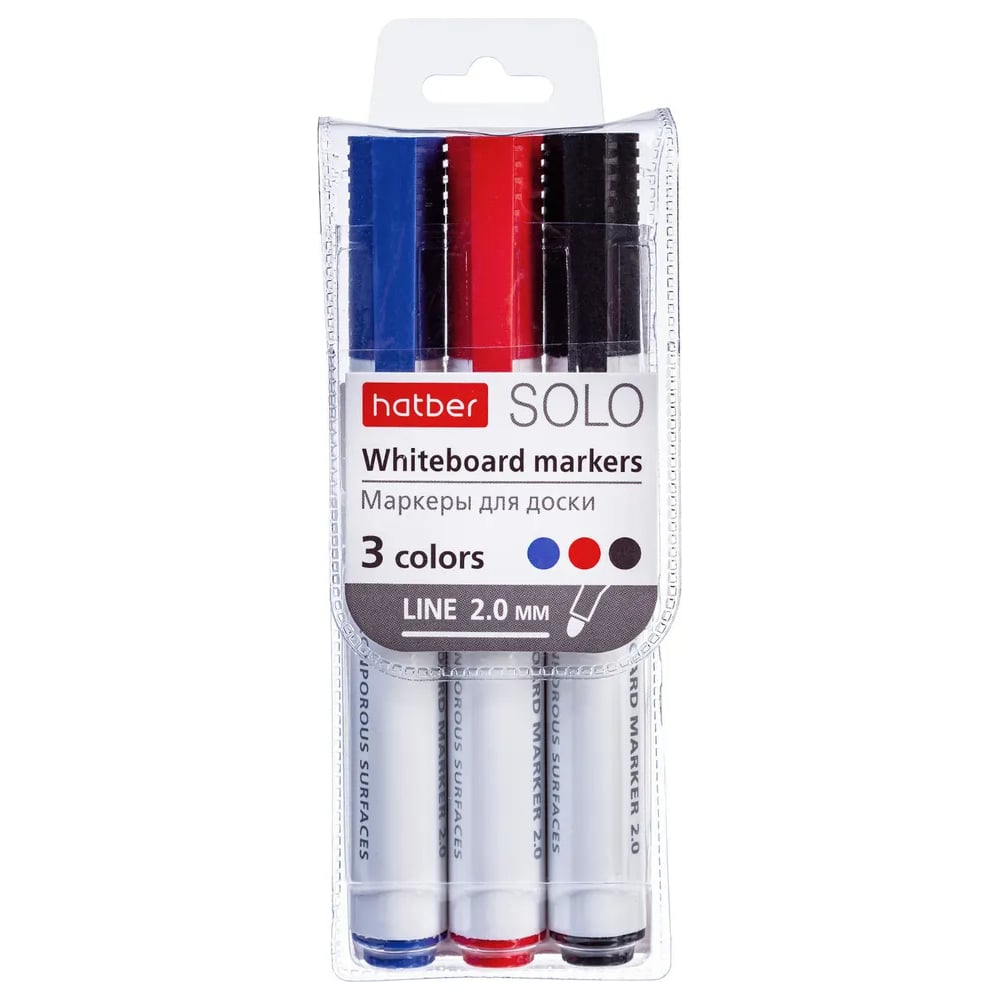 Изображение товара Набор маркеров для магнитно-маркерных досок Hatber Solo закругленный пишущий узел, 2 мм, 3 шт. 066140