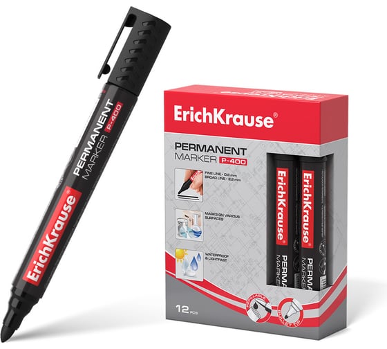 Изображение товара Перманентный маркер ErichKrause P-400, цвет чернил черный, 12 шт. в упаковке 30986