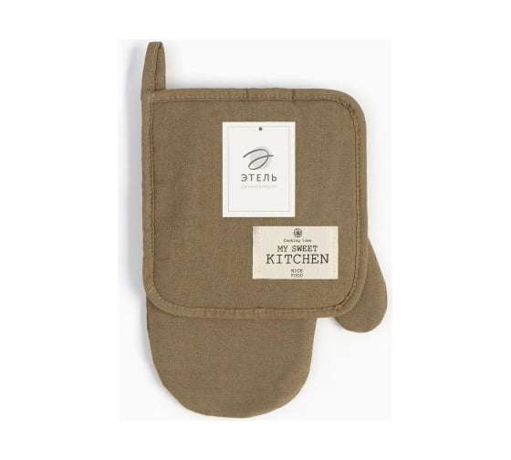 Изображение товара Кухонный набор Этель ECO, оливковый: варежка 20x28 см, прихватка 19x19 см, 70% хлопок, 30% лен, 9631115