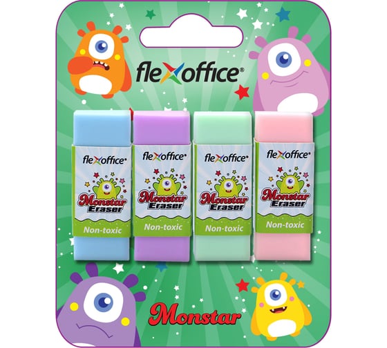 Изображение товара Ластик Flexoffice monstar, ассорти, 4шт, в блистере FO-E06/4B
